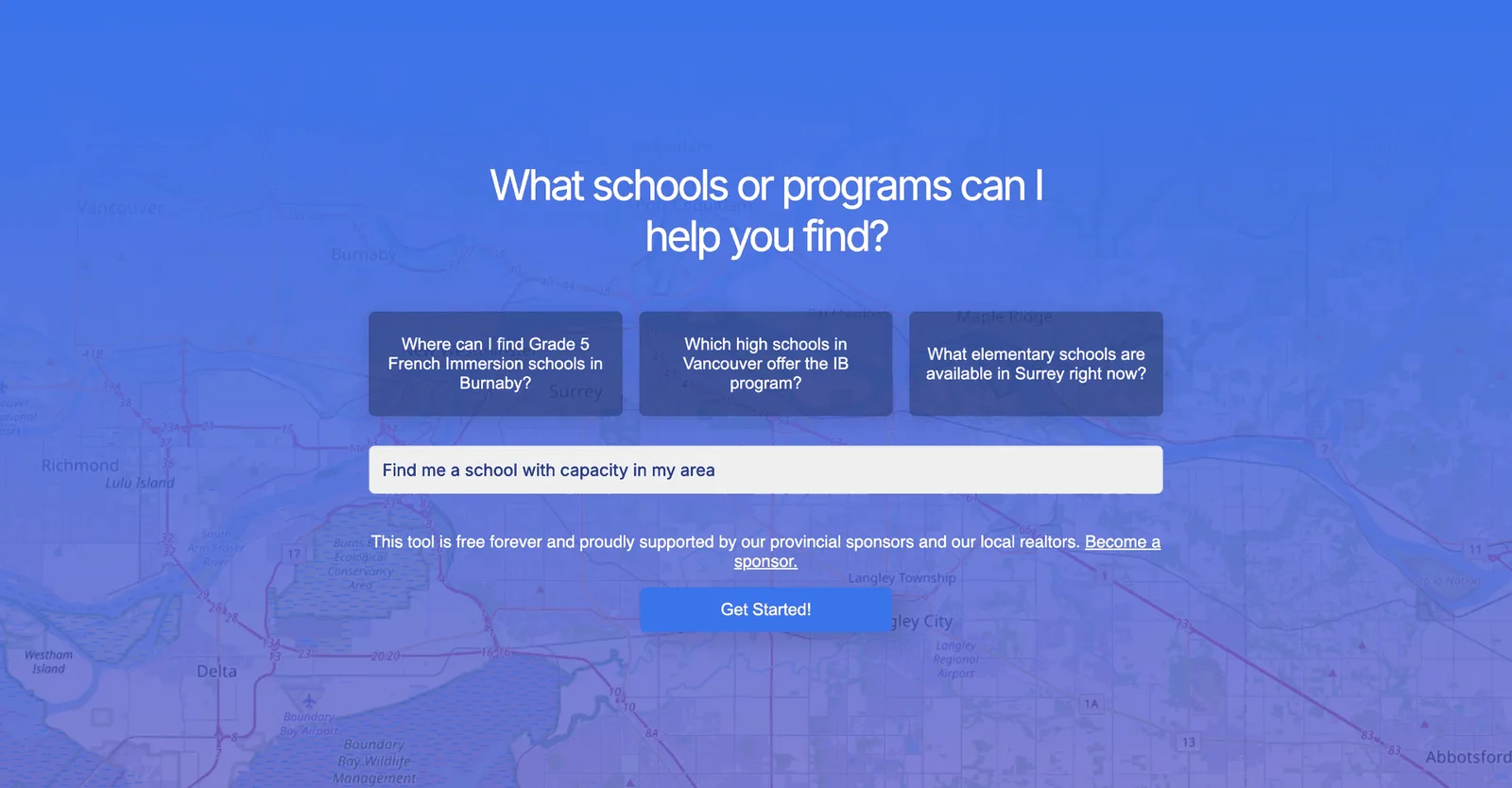 A screenshot of The Visual Thinking Company's School Guide with "Find me a school with capacity in my area" in the search box.